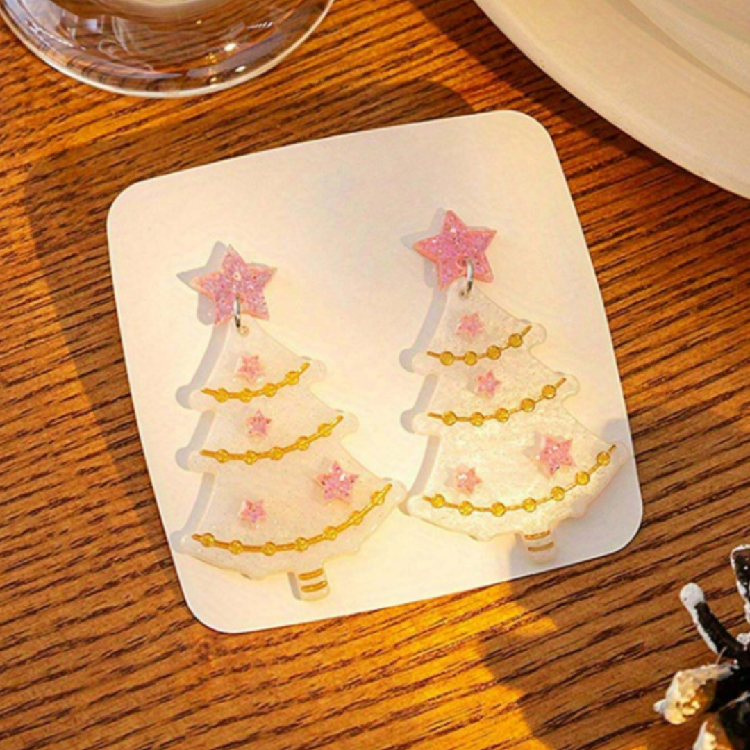 Pink Christmas Tree Earrings