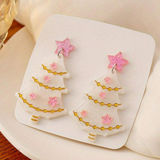 Pink Christmas Tree Earrings