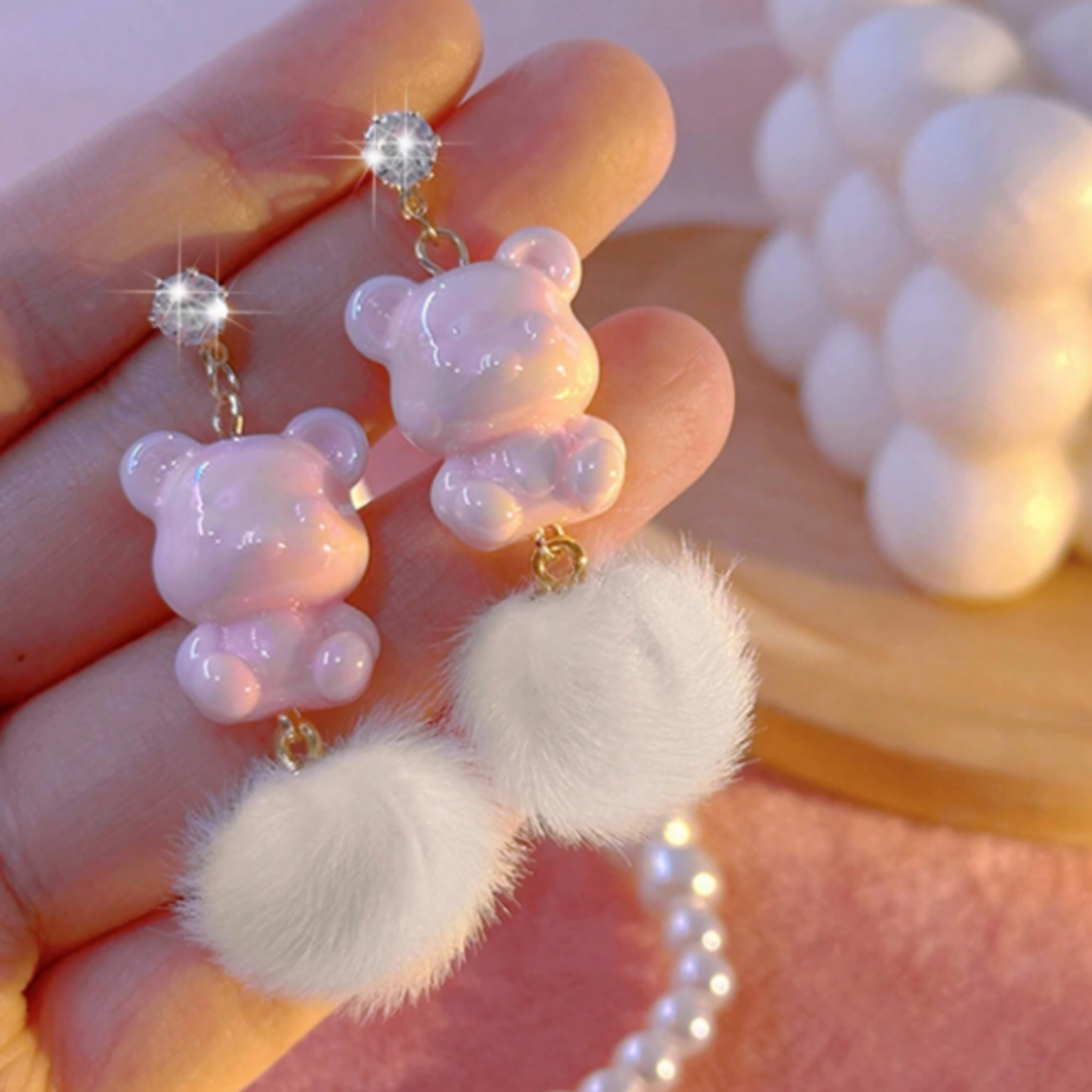 Pink Bear Furry Ball Earrings