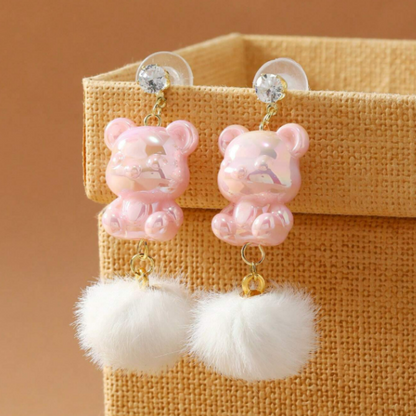 Pink Bear Furry Ball Earrings