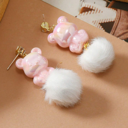 Pink Bear Furry Ball Earrings