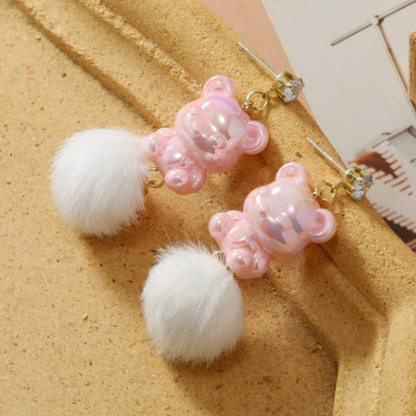 Pink Bear Furry Ball Earrings